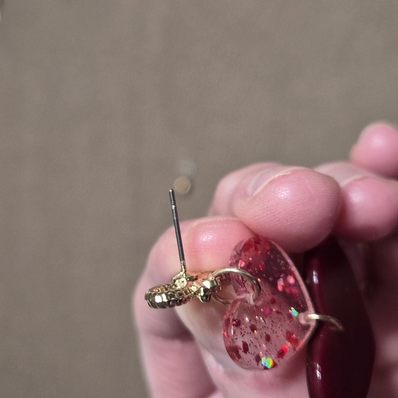 Cute Sparkly Double Red Heart Dangle Earrings with Bow Holiday - Picture 4 of 4